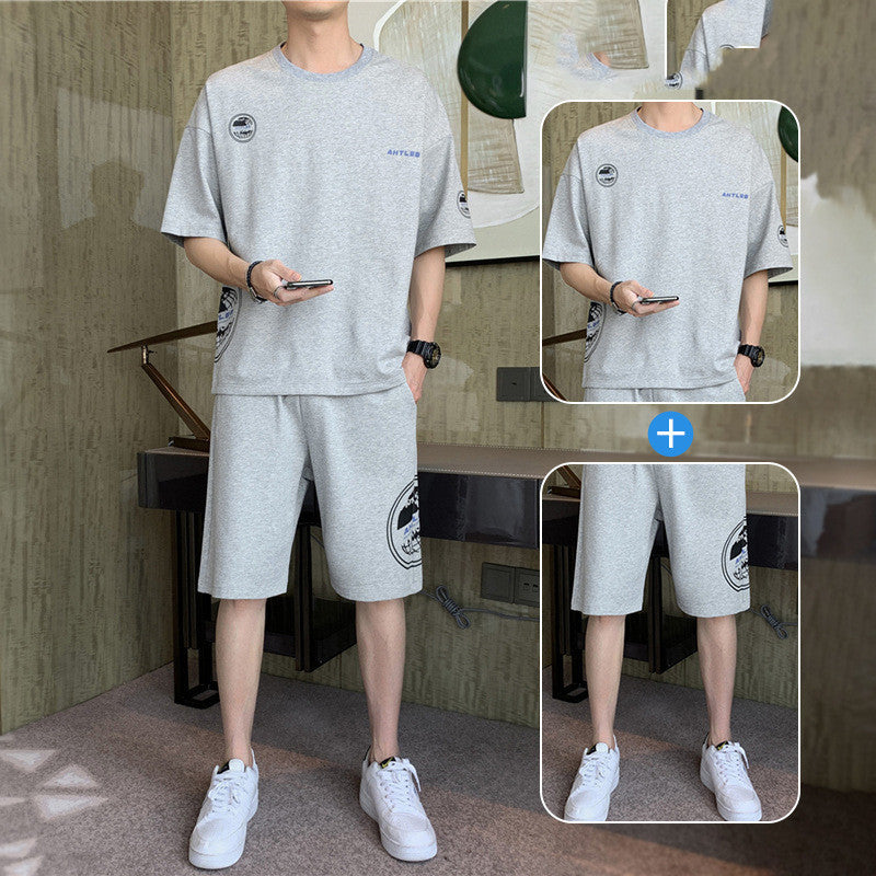 New Short-sleeved T-shirt Fashion Sports Suit Men’s Round Neck Bottoming Shirt A Set Of Tops Pants - C20 light gray / M