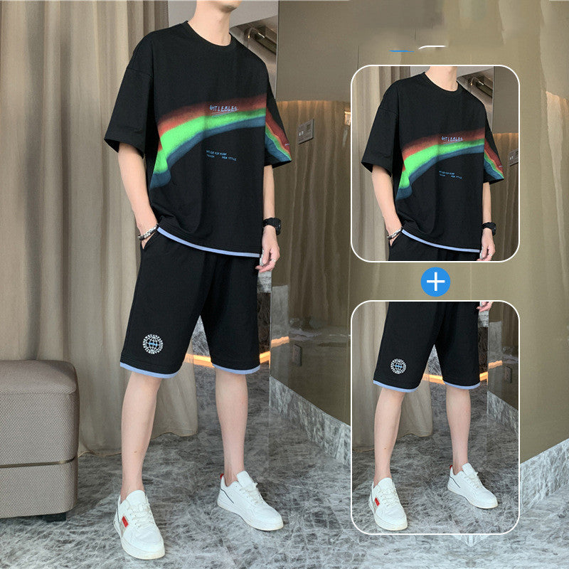 New Short-sleeved T-shirt Fashion Sports Suit Men’s Round Neck Bottoming Shirt A Set Of Tops Pants - C21 black / M
