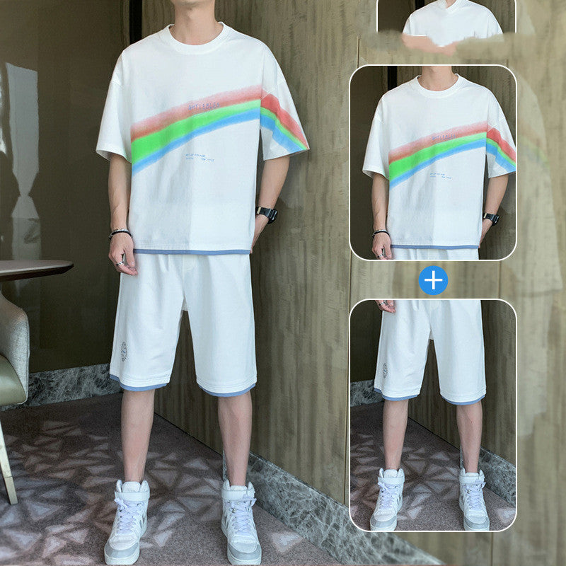 New Short-sleeved T-shirt Fashion Sports Suit Men’s Round Neck Bottoming Shirt A Set Of Tops Pants - C21 white / M
