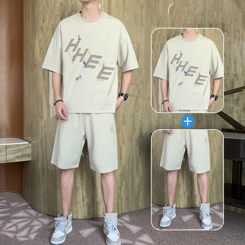 New Short-sleeved T-shirt Fashion Sports Suit Men’s Round Neck Bottoming Shirt A Set Of Tops Pants - C22 Apricot Gray