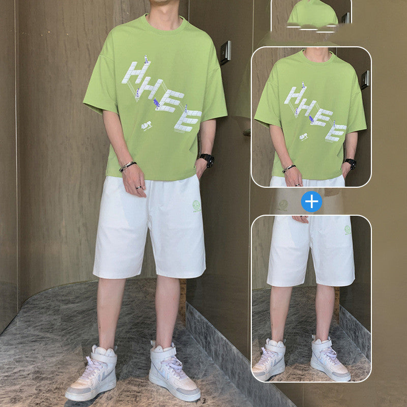 New Short-sleeved T-shirt Fashion Sports Suit Men’s Round Neck Bottoming Shirt A Set Of Tops Pants - C22 green / M