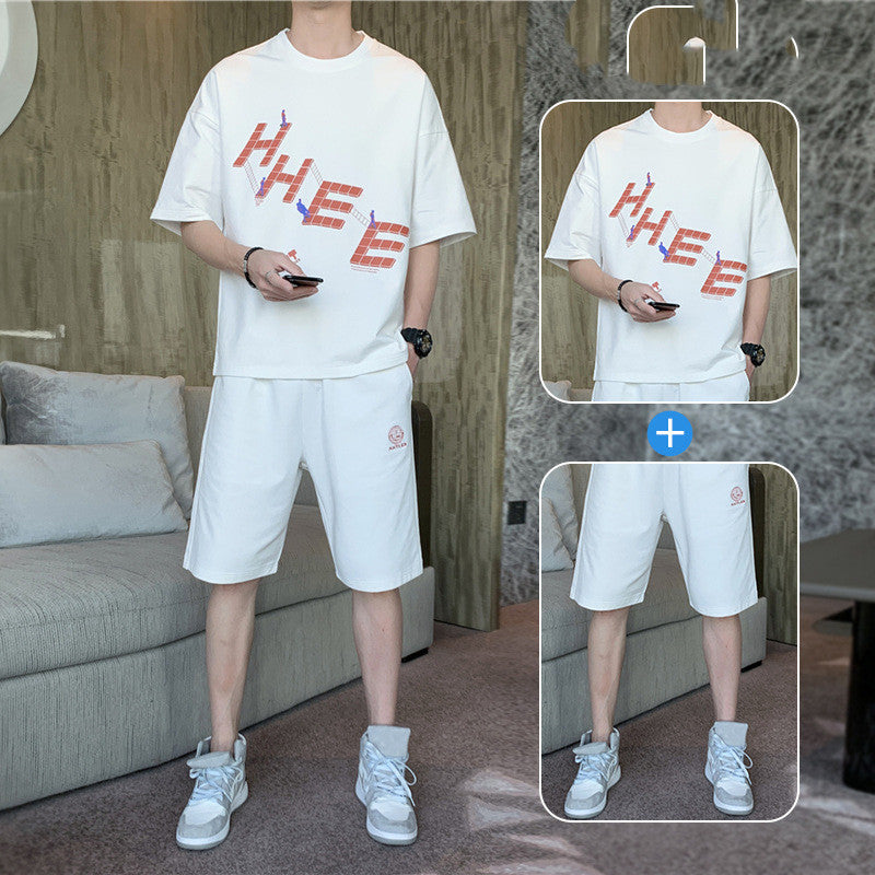 New Short-sleeved T-shirt Fashion Sports Suit Men’s Round Neck Bottoming Shirt A Set Of Tops Pants - C22 white / M