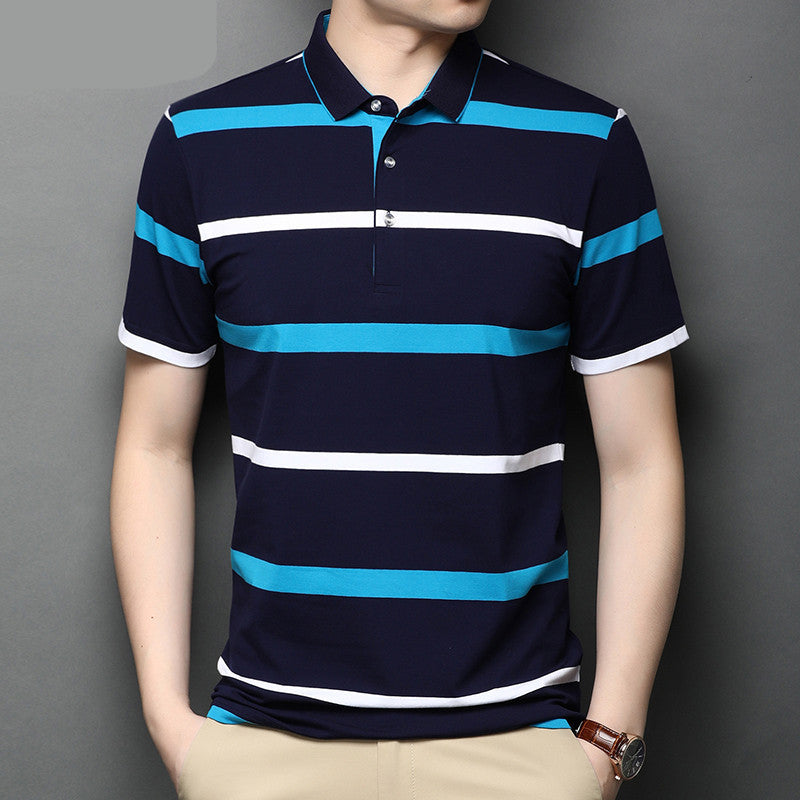Men’s Lapel Summer Striped Half Sleeve Casual Men’s Mercerized Cotton Short Sleeve
