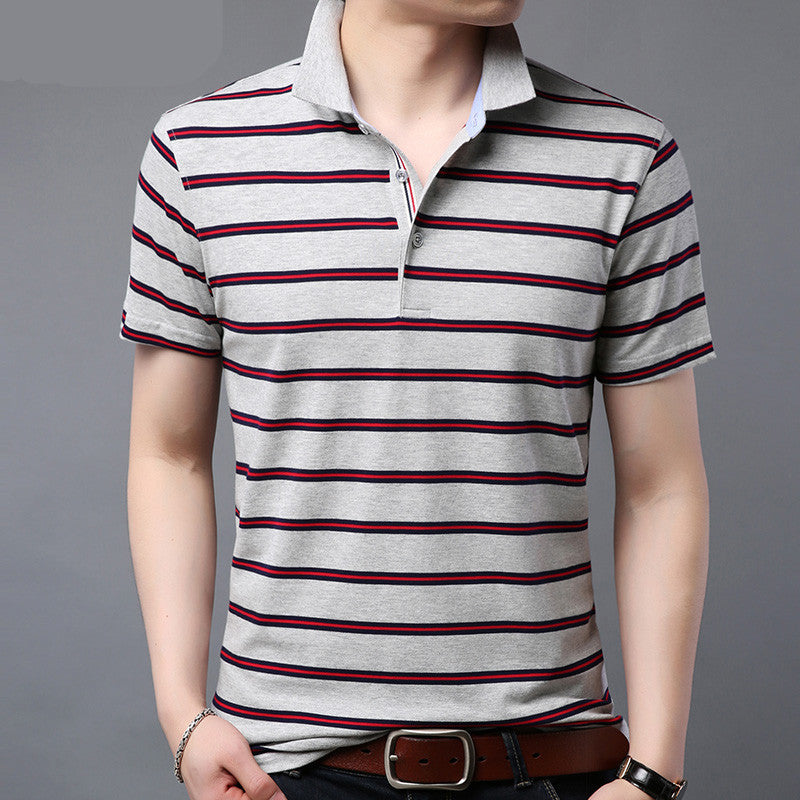 Men’s Lapel Summer Striped Half Sleeve Casual Men’s Mercerized Cotton Short Sleeve - Ash 308 / 170