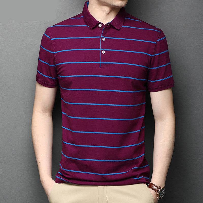 Men’s Lapel Summer Striped Half Sleeve Casual Men’s Mercerized Cotton Short Sleeve - Burgundy 105 / 170