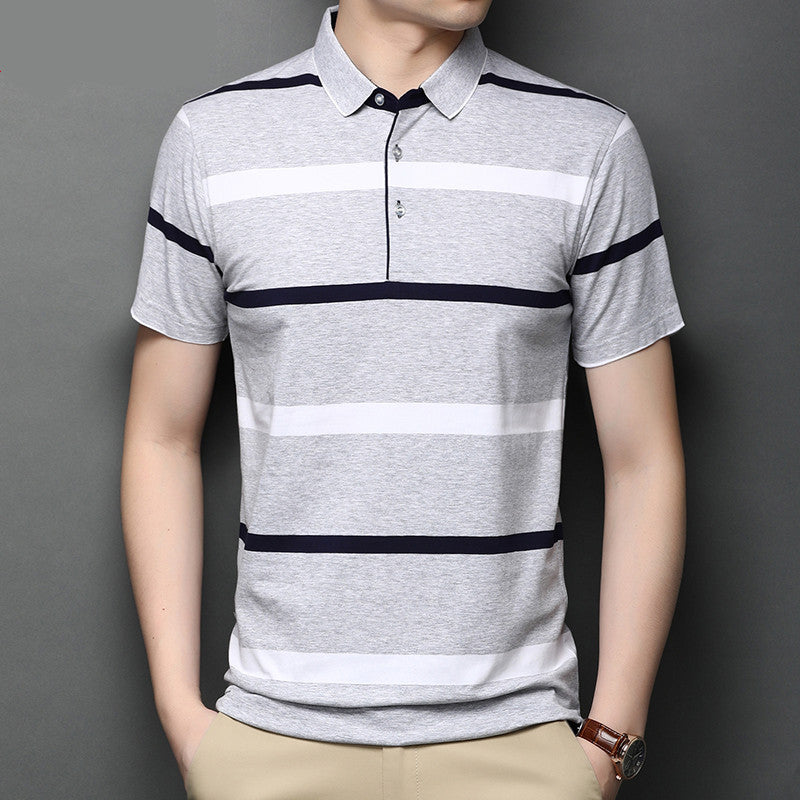 Men’s Lapel Summer Striped Half Sleeve Casual Men’s Mercerized Cotton Short Sleeve - Gray 105 / 170
