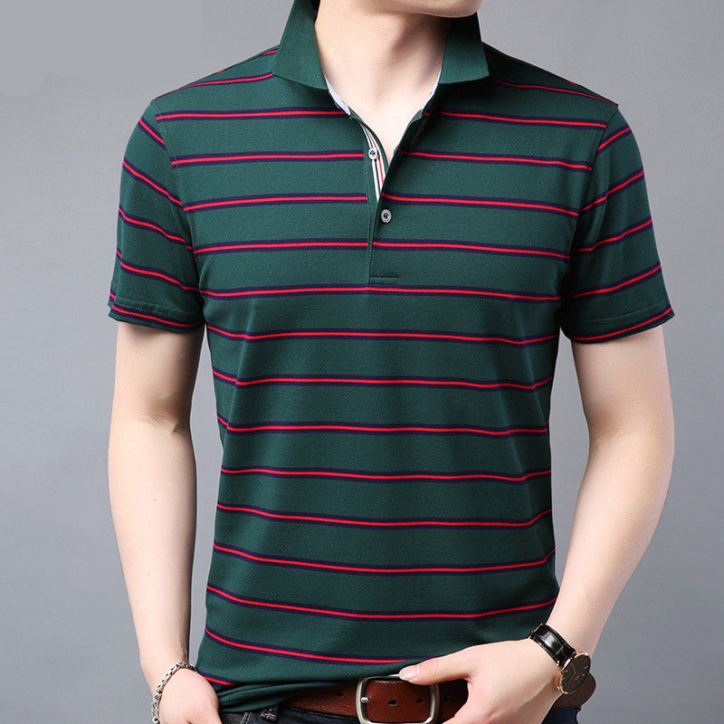 Men’s Lapel Summer Striped Half Sleeve Casual Men’s Mercerized Cotton Short Sleeve - Green 105 / 170