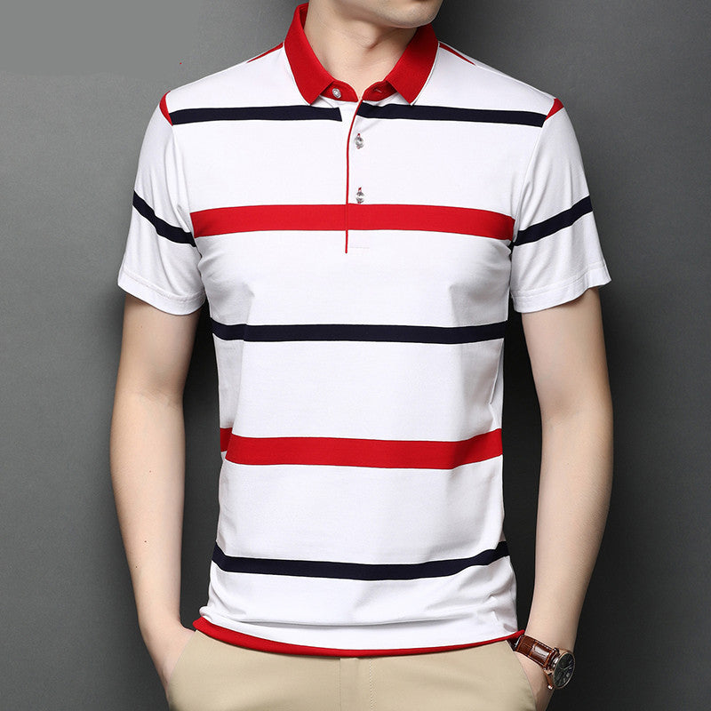 Men’s Lapel Summer Striped Half Sleeve Casual Men’s Mercerized Cotton Short Sleeve - White 105 / 170