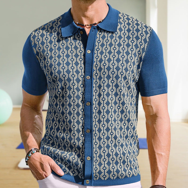 Summer Tencel Short-sleeved Sweater Lapel Jacquard Cardigan For Men - Blue / M