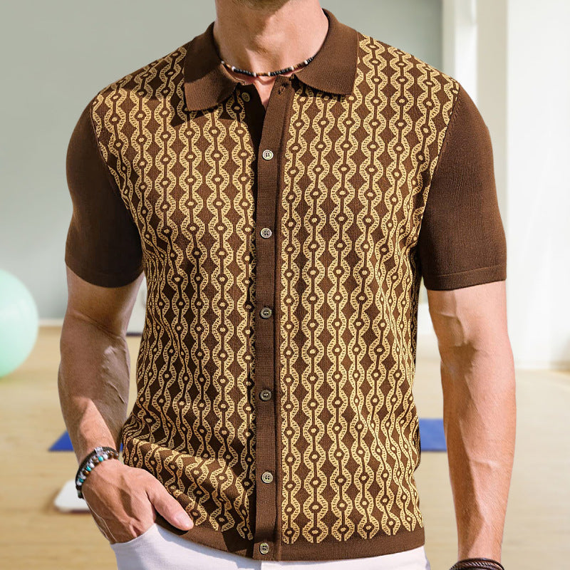 Summer Tencel Short-sleeved Sweater Lapel Jacquard Cardigan For Men - Brown / M