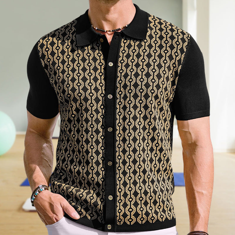 Summer Tencel Short-sleeved Sweater Lapel Jacquard Cardigan For Men - Black / M