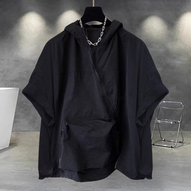 Men’s Summer Zipper Design Hooded Short-sleeved T-shirt - Black / M