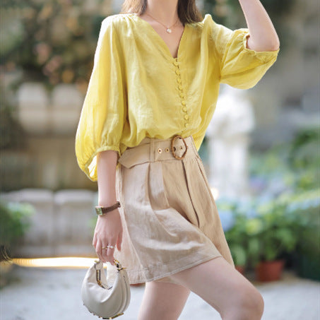 Loose And Comfortable Yellow Shirt For Women - Yellow / S