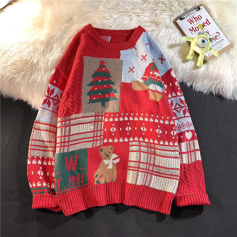 Sweater Men’s Ins Trendy Round Neck Japanese-style Retro Hong Kong Style - Red / S
