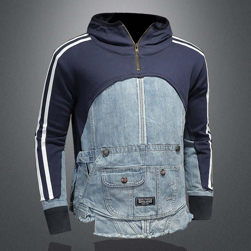 Sweater Personality High Street Trend Denim Stitching Sweater Multi-Pocket