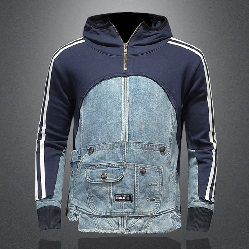 Sweater Personality High Street Trend Denim Stitching Sweater Multi-Pocket