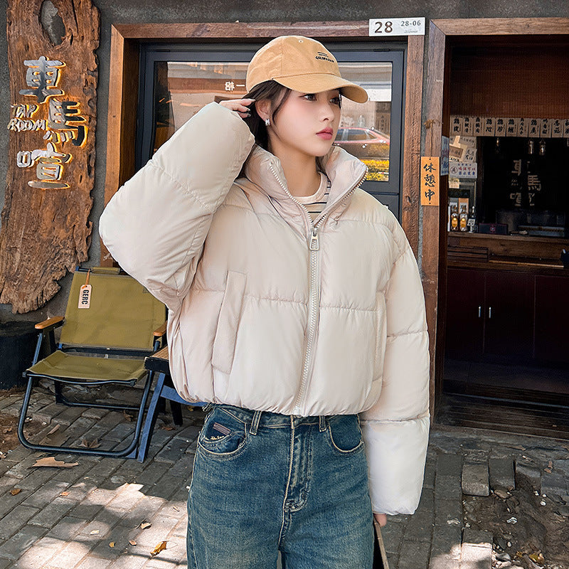 Stand-up Collar Thick Down Cotton Jacket Coat - Beige / XS