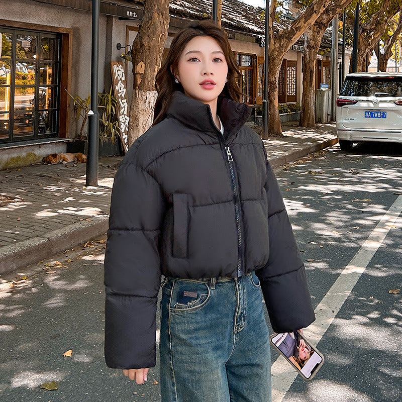 Stand-up Collar Thick Down Cotton Jacket Coat - Black / XS