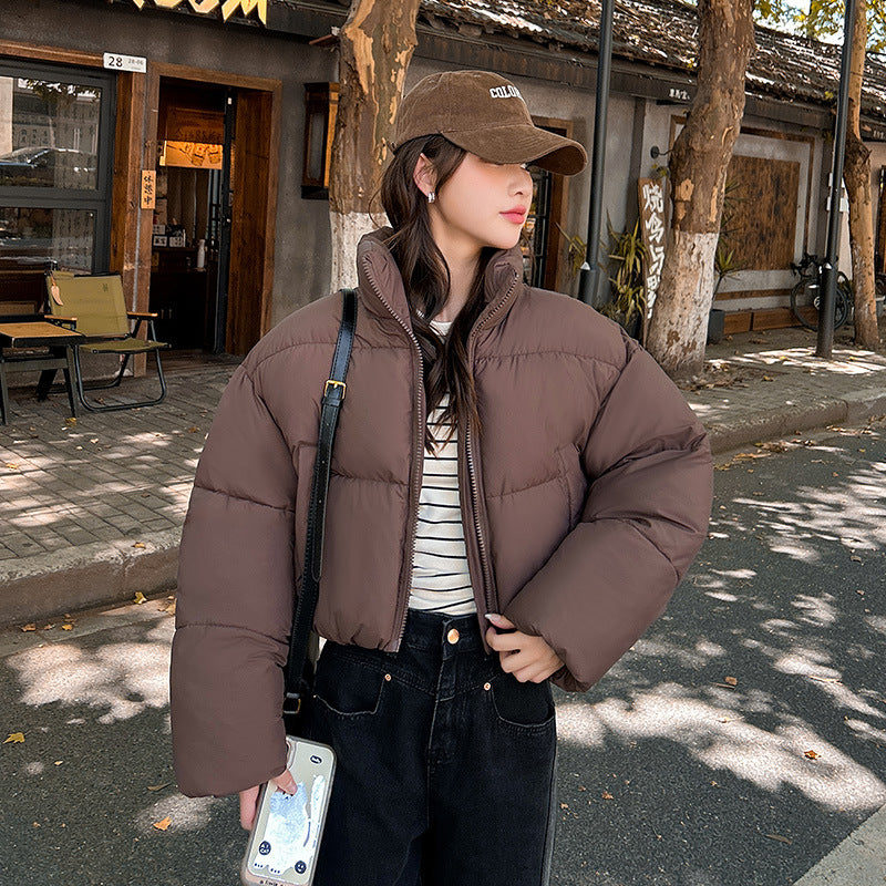 Stand-up Collar Thick Down Cotton Jacket Coat - Brown / XS