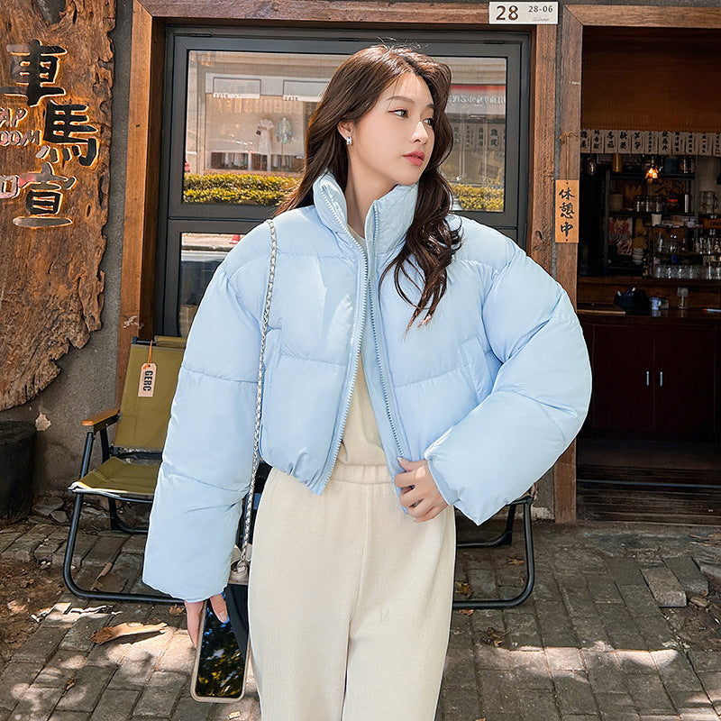 Stand-up Collar Thick Down Cotton Jacket Coat - Light Blue / XS