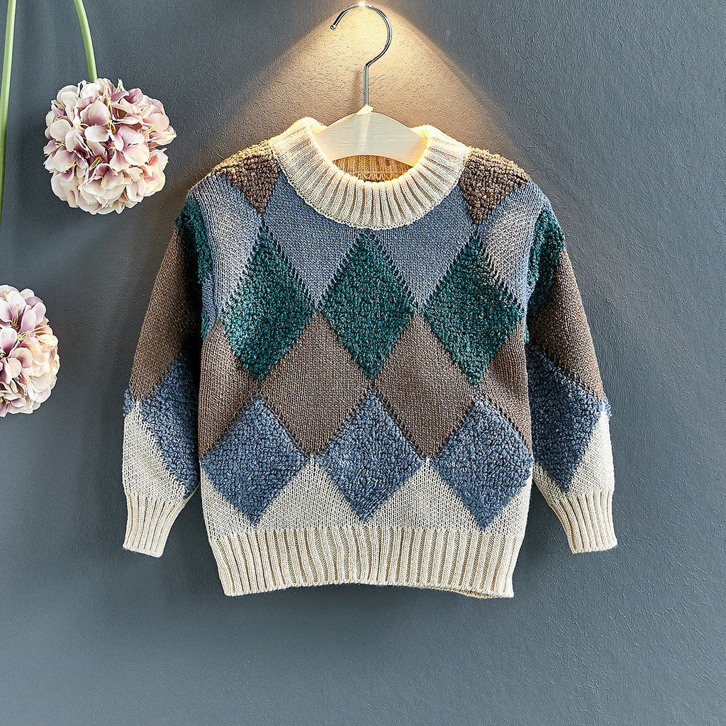 Girls Casual Fashion Pullover Sweater Plaid - White / Without velvet / 100cm