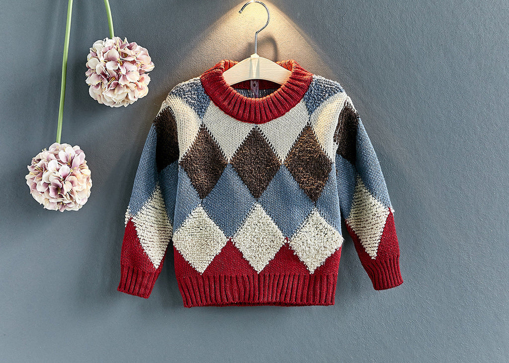 Girls Casual Fashion Pullover Sweater Plaid - Red / Without velvet / 100cm