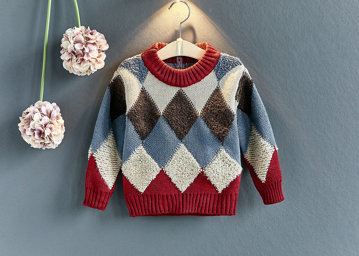 Girls Casual Fashion Pullover Sweater Plaid - Red / Without velvet / 100cm
