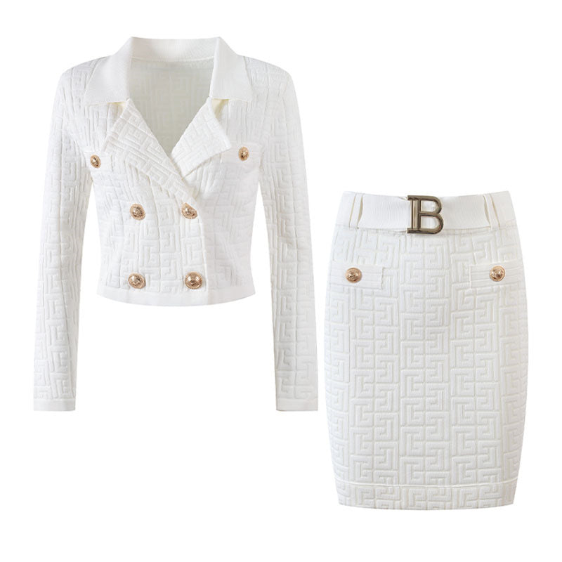 Classic Style Advanced Sense Gold Buckle B Letter Two-piece Set Skirt Suit - White / S