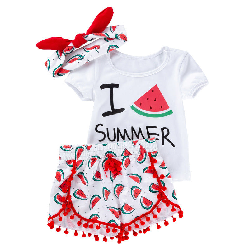 Summer Baby Girl Beach Short-sleeved T-shirt Shorts Hairband Set - Watermelon TShirt Set / 73cm