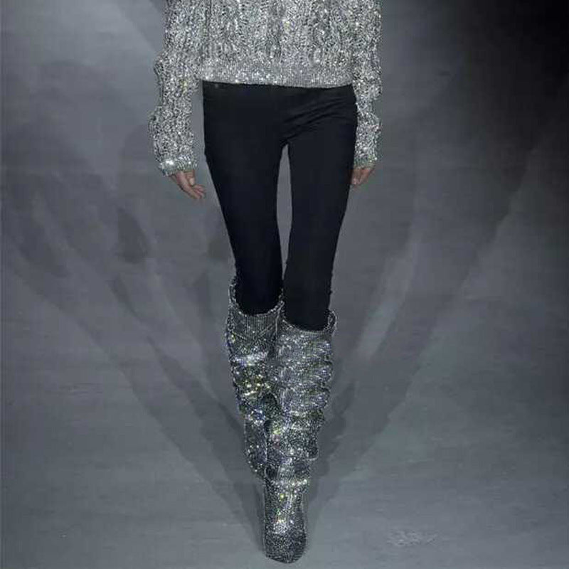 Tapered Heel High Heels Fashion Rhinestone Sequins - Grey / 34