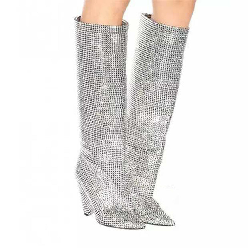 Tapered Heel High Heels Fashion Rhinestone Sequins - Silver / 34
