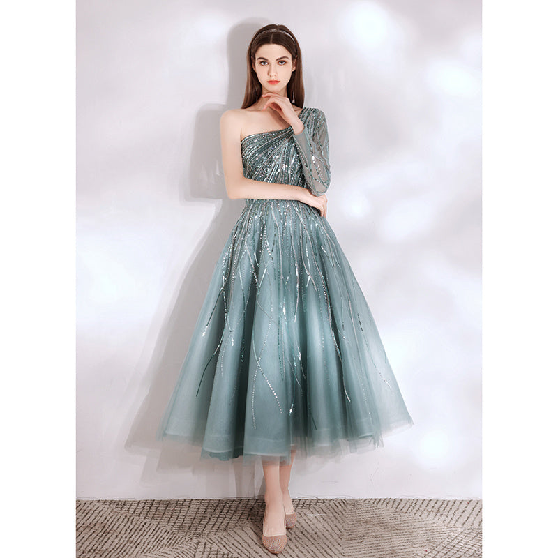 Teal One Shoulder Luxury Beaded Ladies Dress - Green / XS