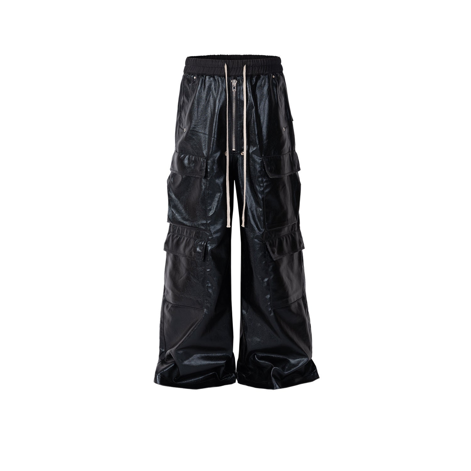Bright Coated Wide Legged Black Casual Pants - Black / M