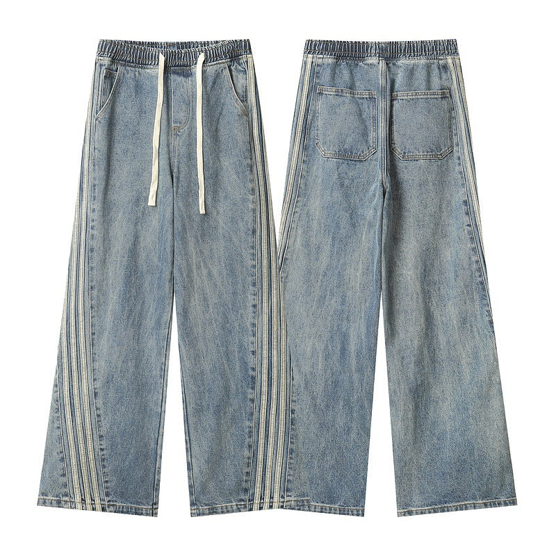 Light Blue Side Three Bars Straight Jeans Men