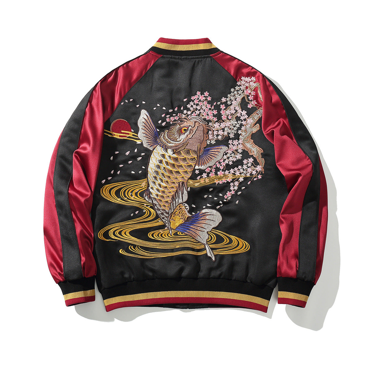 Machine Embroidery Men’s Koi Embroidered Cotton Coat Jacket - Red / M