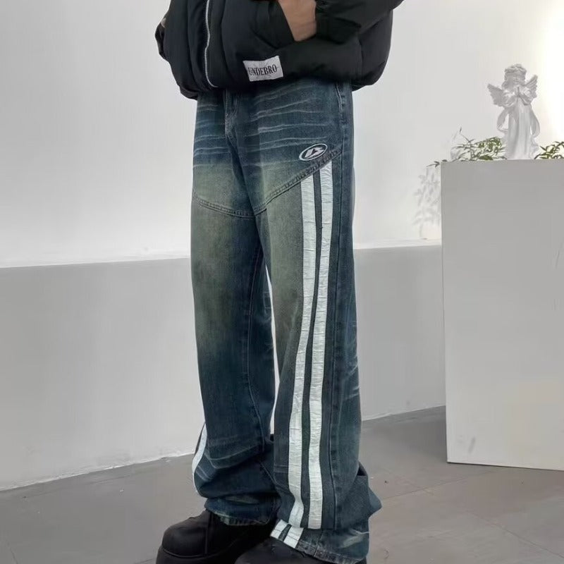 New Jeans Retro Distressed Three Bars Straight Men - Blue / XL