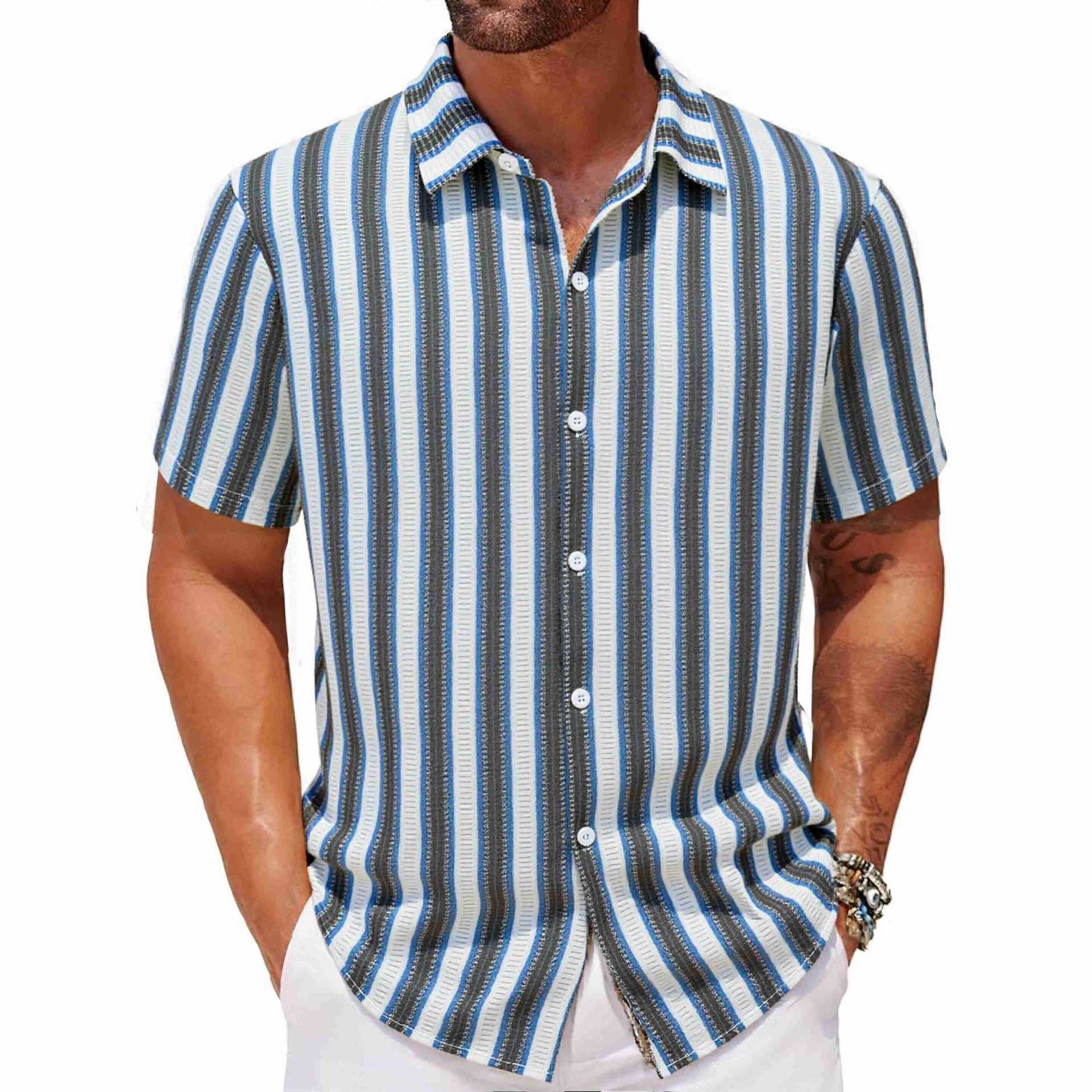 Men’s Beach Casual Yarn-dyed Striped Short-sleeved Lapel Shirt A0407