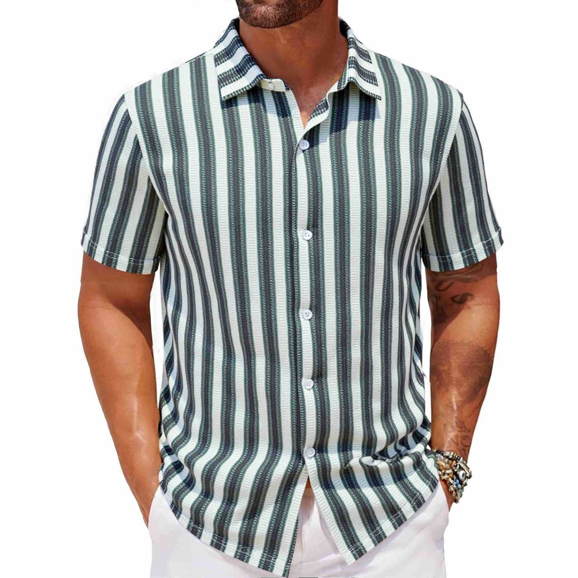 Men’s Beach Casual Yarn-dyed Striped Short-sleeved Lapel Shirt A0407 - Green / M