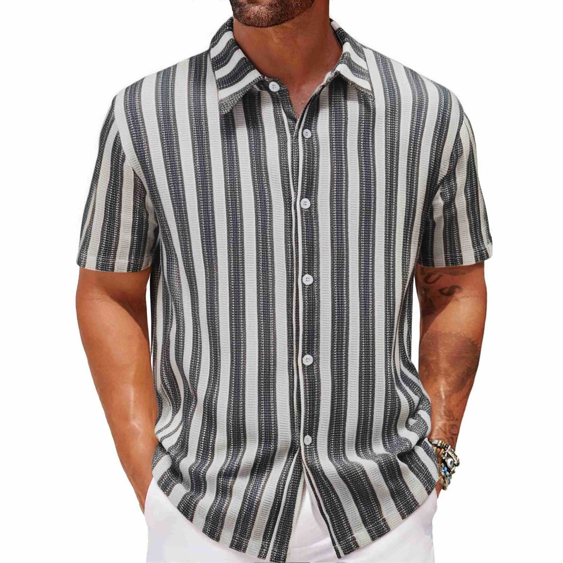 Men’s Beach Casual Yarn-dyed Striped Short-sleeved Lapel Shirt A0407 - Khaki / M
