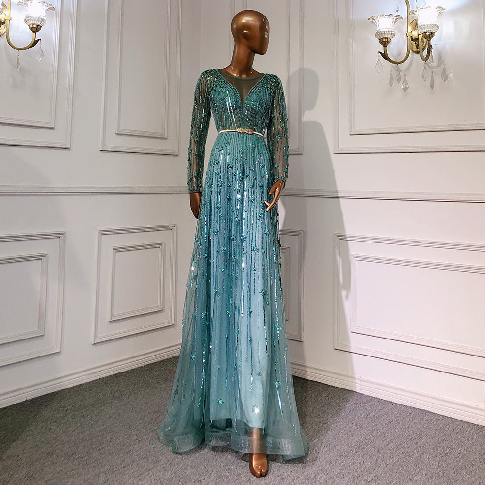 Temperament Luxury High-end Beaded Evening Dress Banquet Skirt - Blue / XS