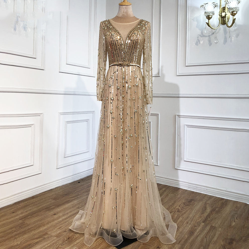 Temperament Luxury High-end Beaded Evening Dress Banquet Skirt - Gold / XS