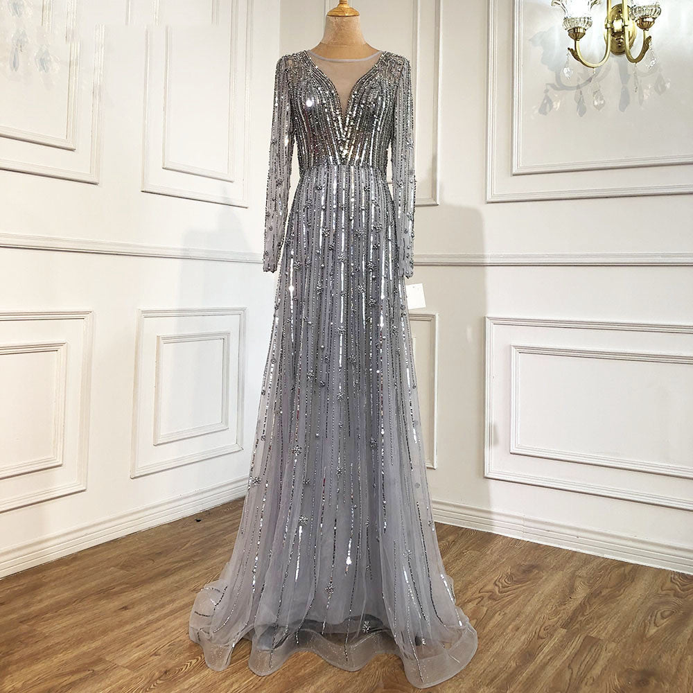 Temperament Luxury High-end Beaded Evening Dress Banquet Skirt - Grey / XS