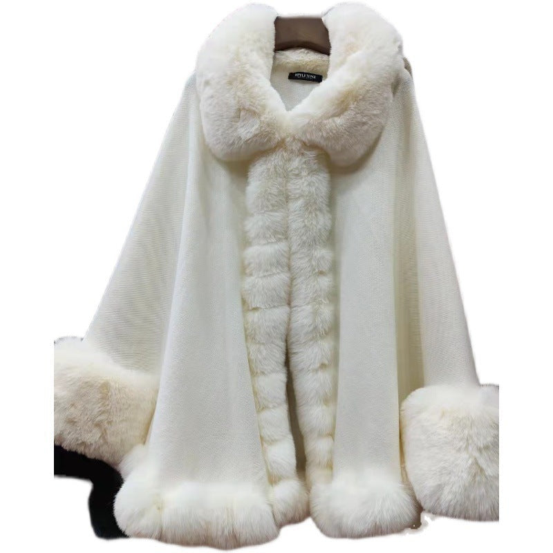 Temperament Shawl Cloak Coat Fur Collar New Knitted Sweater Cardigan - White / One size