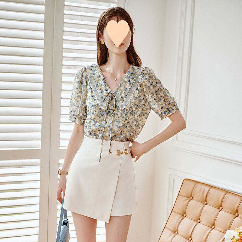 New Short Sleeve Elegant Slimming French Collar Design Floral Chiffon Shirt - Blue / S