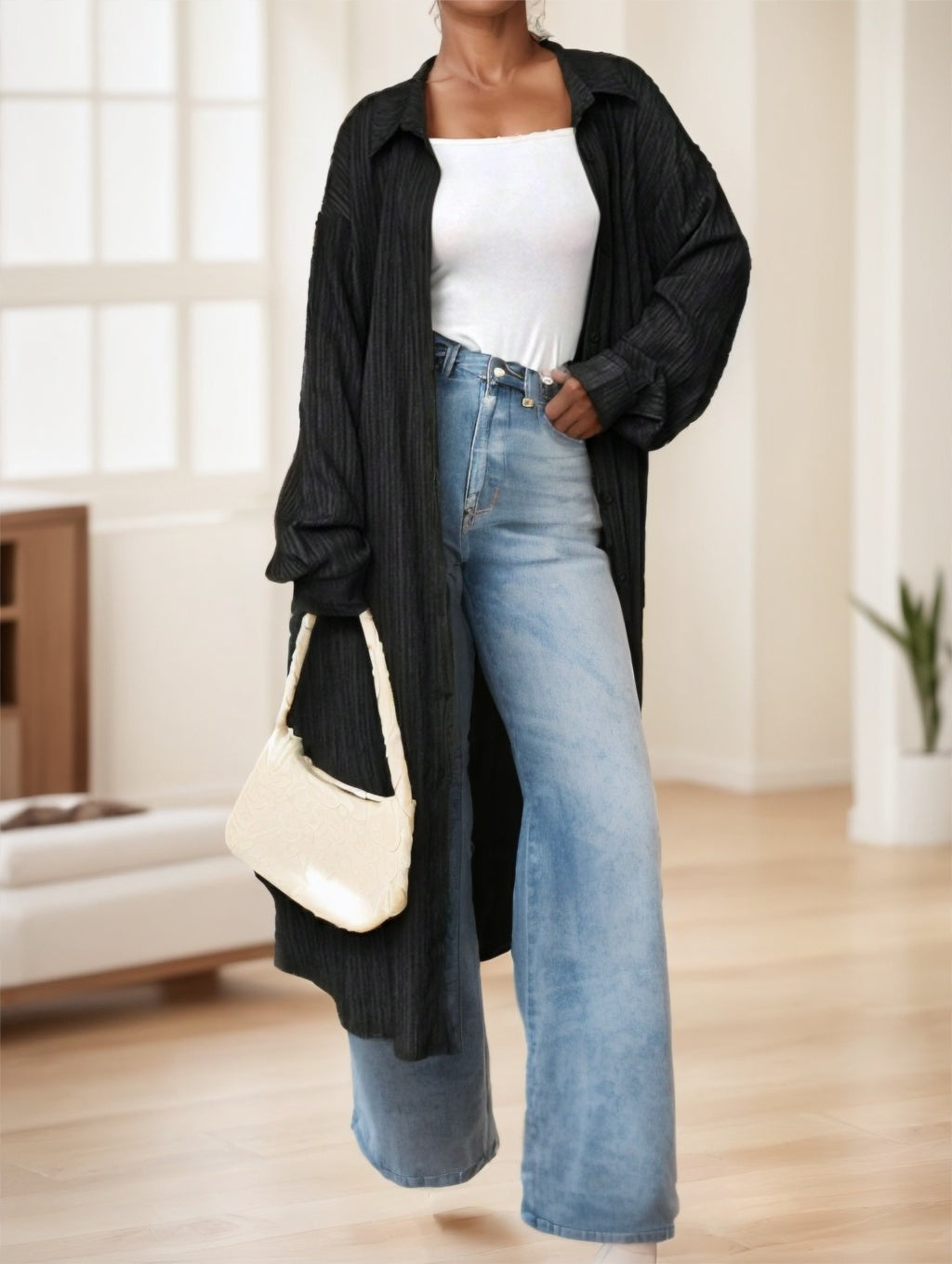 Long Textured Casual Work Shirt,Long Sleeve Tops - 4