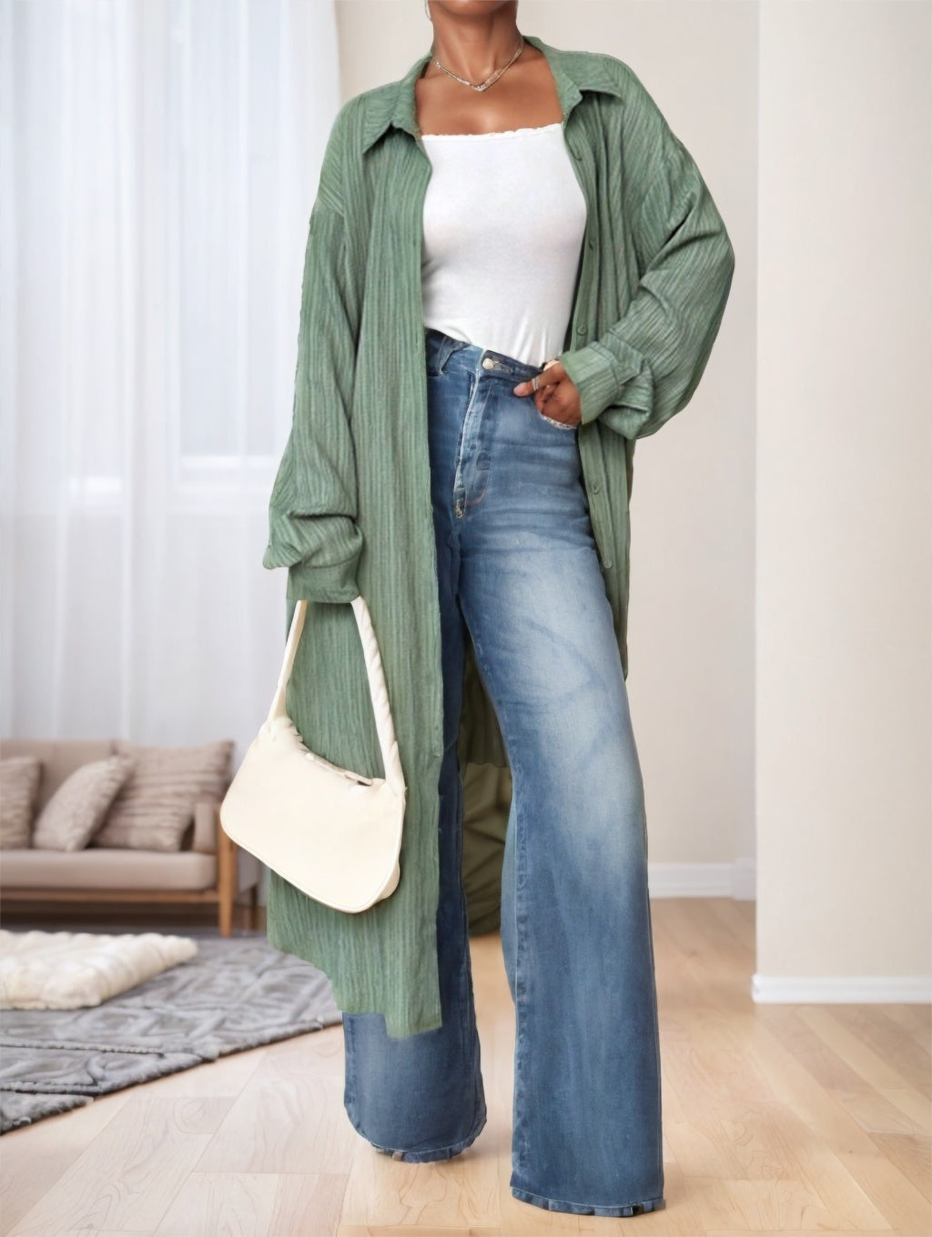 Long Textured Casual Work Shirt,Long Sleeve Tops - Green / S - 4