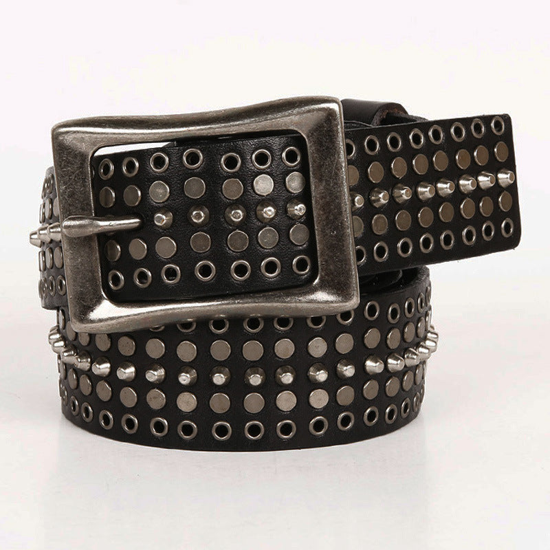 Leather 3.5 Wide Men’s And Women’s Hollow Rivet Belt - Black / 115cm