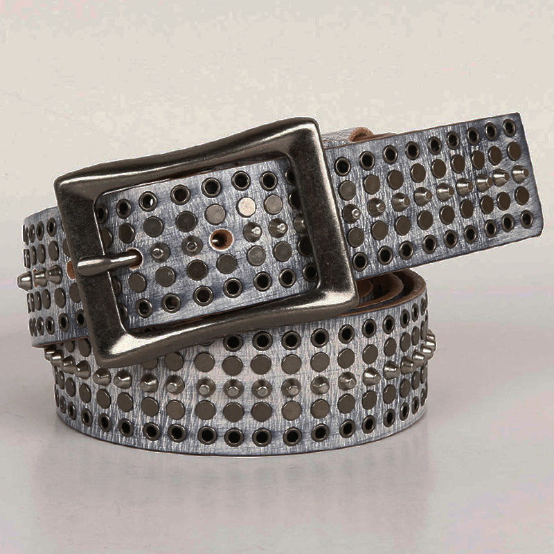 Leather 3.5 Wide Men’s And Women’s Hollow Rivet Belt - White / 110cm