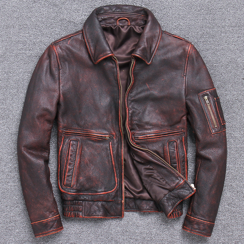 Thick leather Casual Make old leather jacket - Red / M