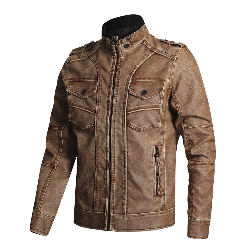 Thick PU Leather Coat Men’s Fashion Casual - Khaki / XL